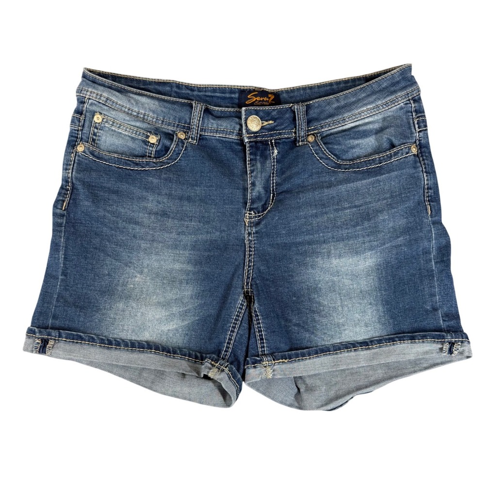 Seven7 Womens Medium Wash Embroidered Back Pocket Cuffed Denim Shorts Size 12